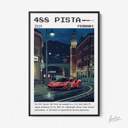 framed pixel art featuring a red ferrari 488 pista in a city at night, highlighting architectural details and soft lighting