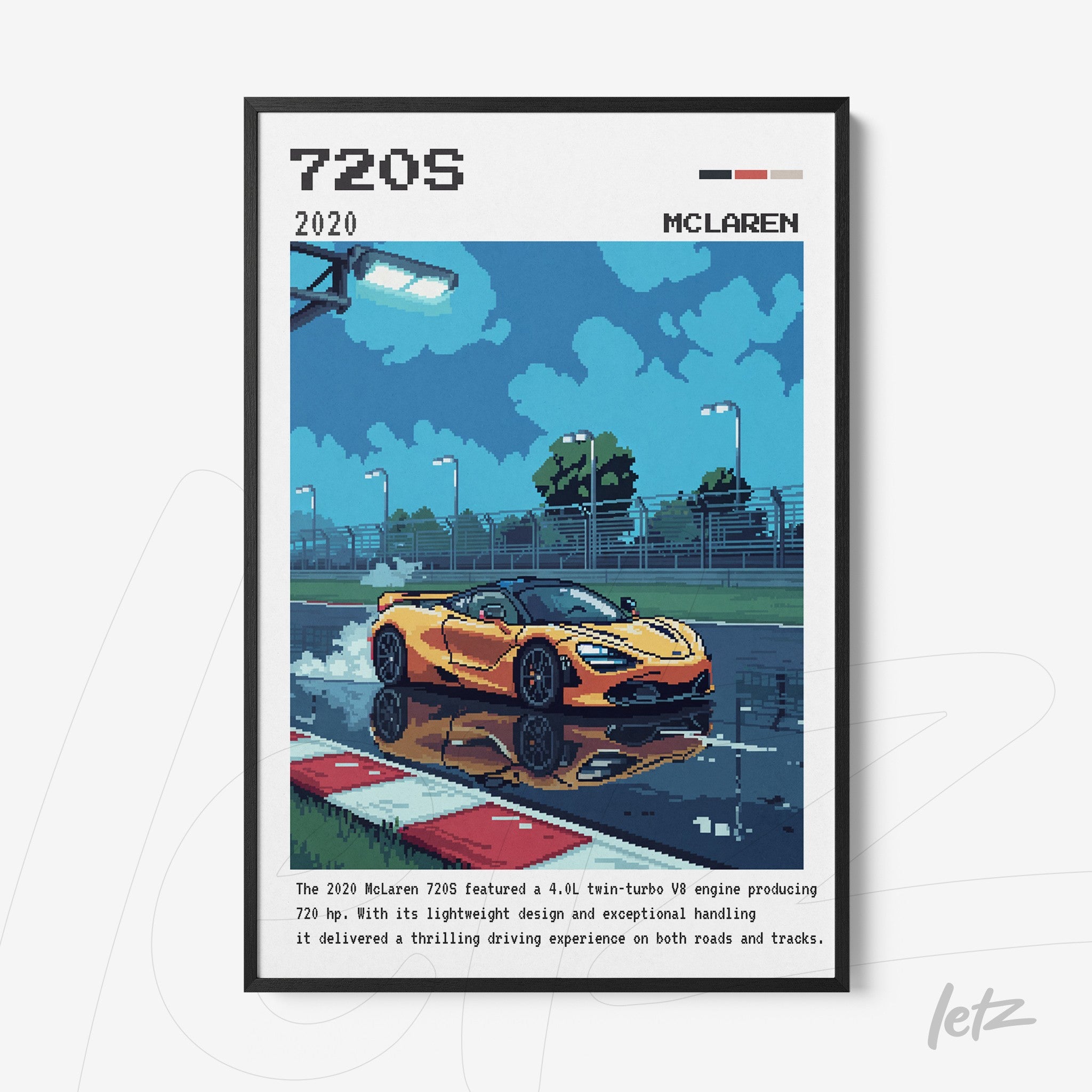 framed digital art of a yellow McLaren 720S sports car reflected in a water puddle under a blue sky with clouds