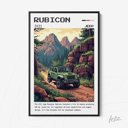 pixel art framed wall art depicting a jeep wrangler rubicon on a mountain trail with black frame