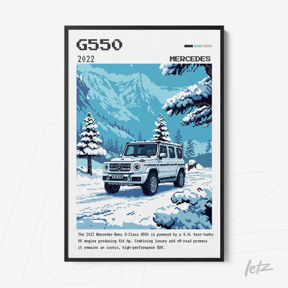 pixel art framed illustration of the 2022 Mercedes-Benz G550 in a snowy landscape with mountains in the background and black frame
