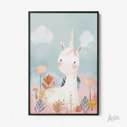 framed art print of a unicorn in soft background surrounded by colorful flowers and white clouds