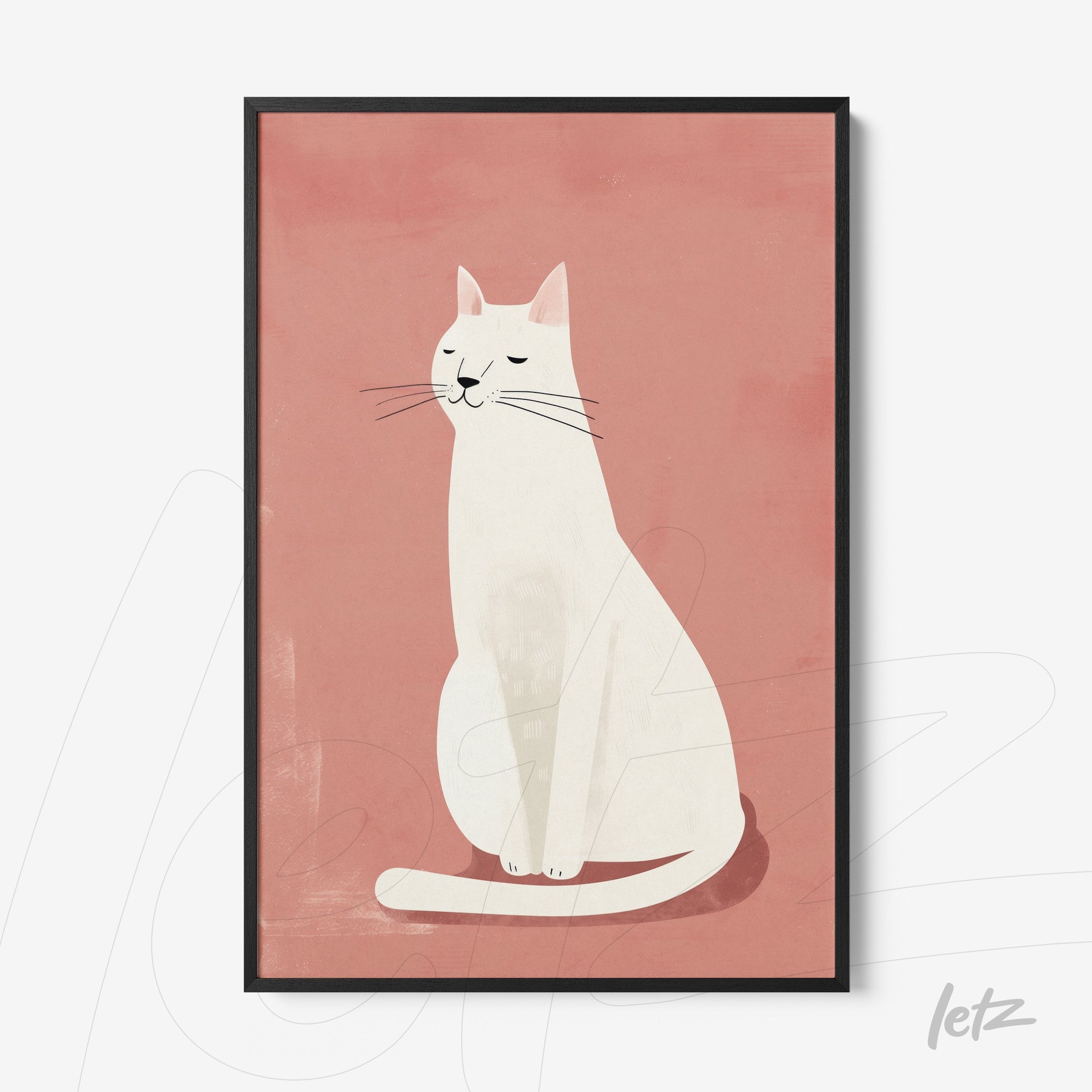 framed artwork of a white cat illustrated in a minimalist style with a pink background and black frame