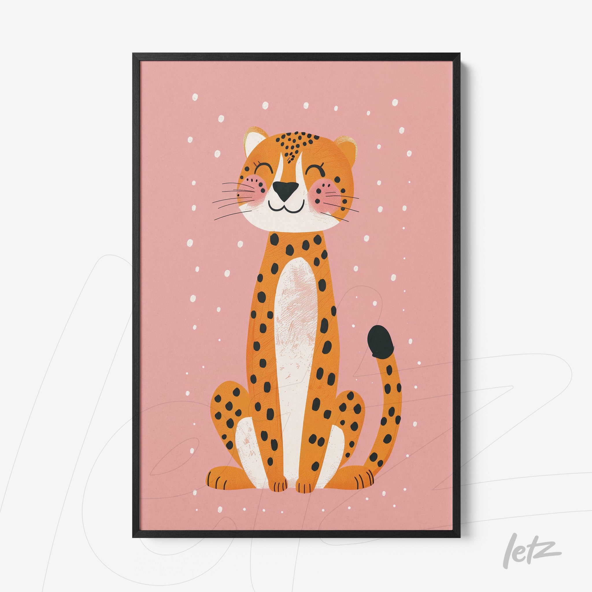 framed art featuring a cute smiling jaguar on a pink background with black frame