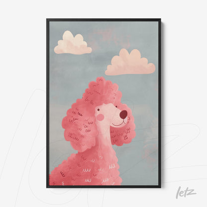framed artwork featuring a pink poodle illustration against a blue background with light clouds