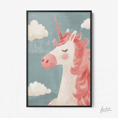framed artwork featuring a unicorn illustration on a blue background with white clouds