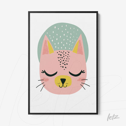 framed wall art featuring a stylized cat illustration with pink fur and closed eyes on a white background