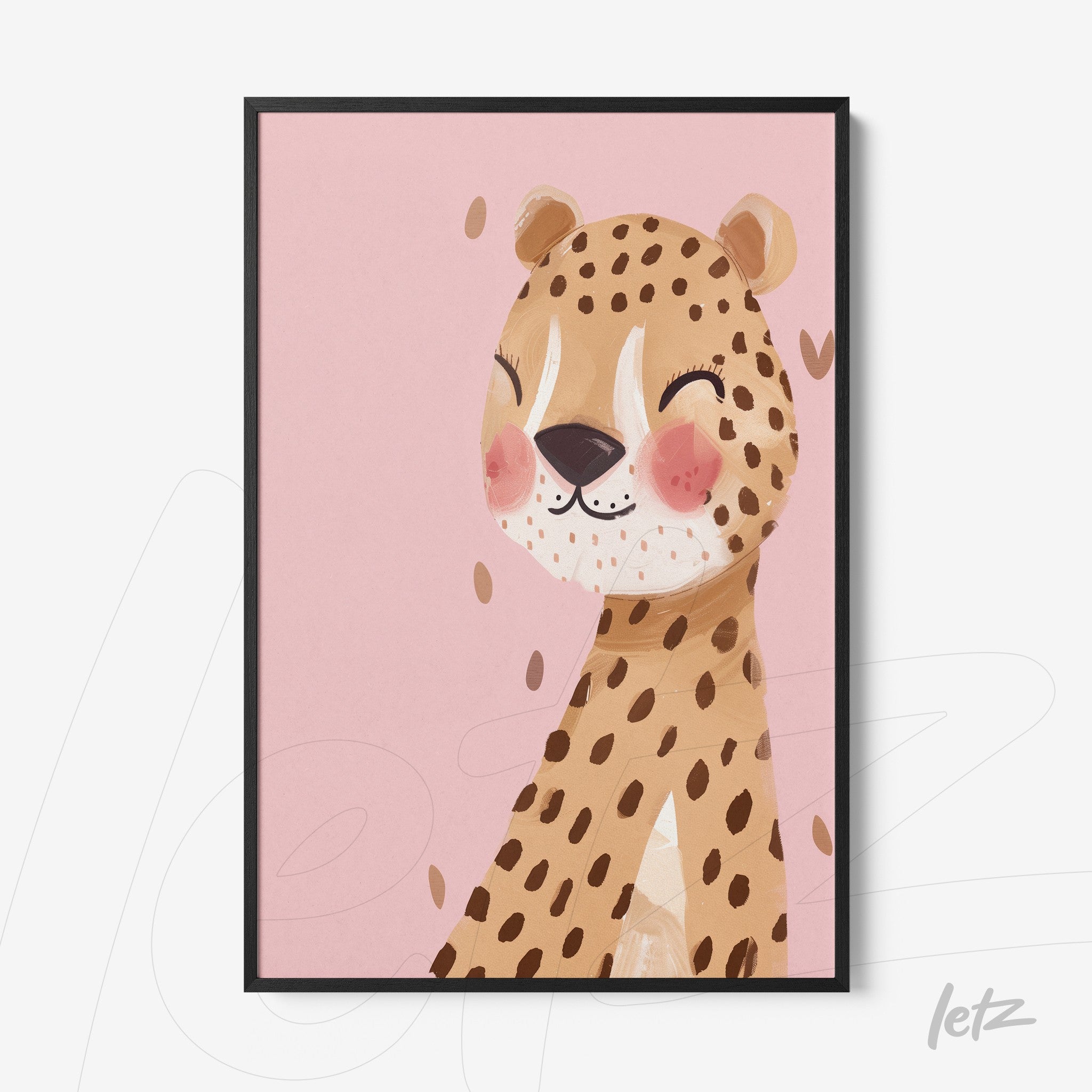 framed wall art of a smiling leopard on a pink background with black frame
