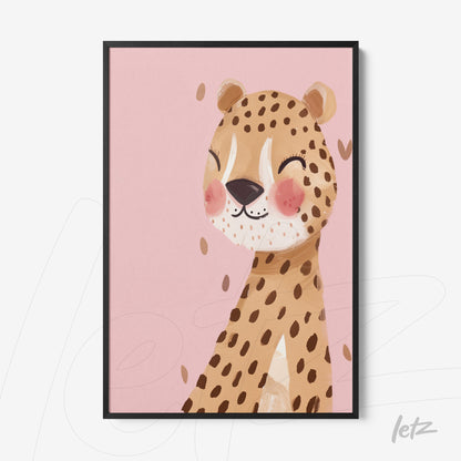 framed wall art of a smiling leopard on a pink background with black frame