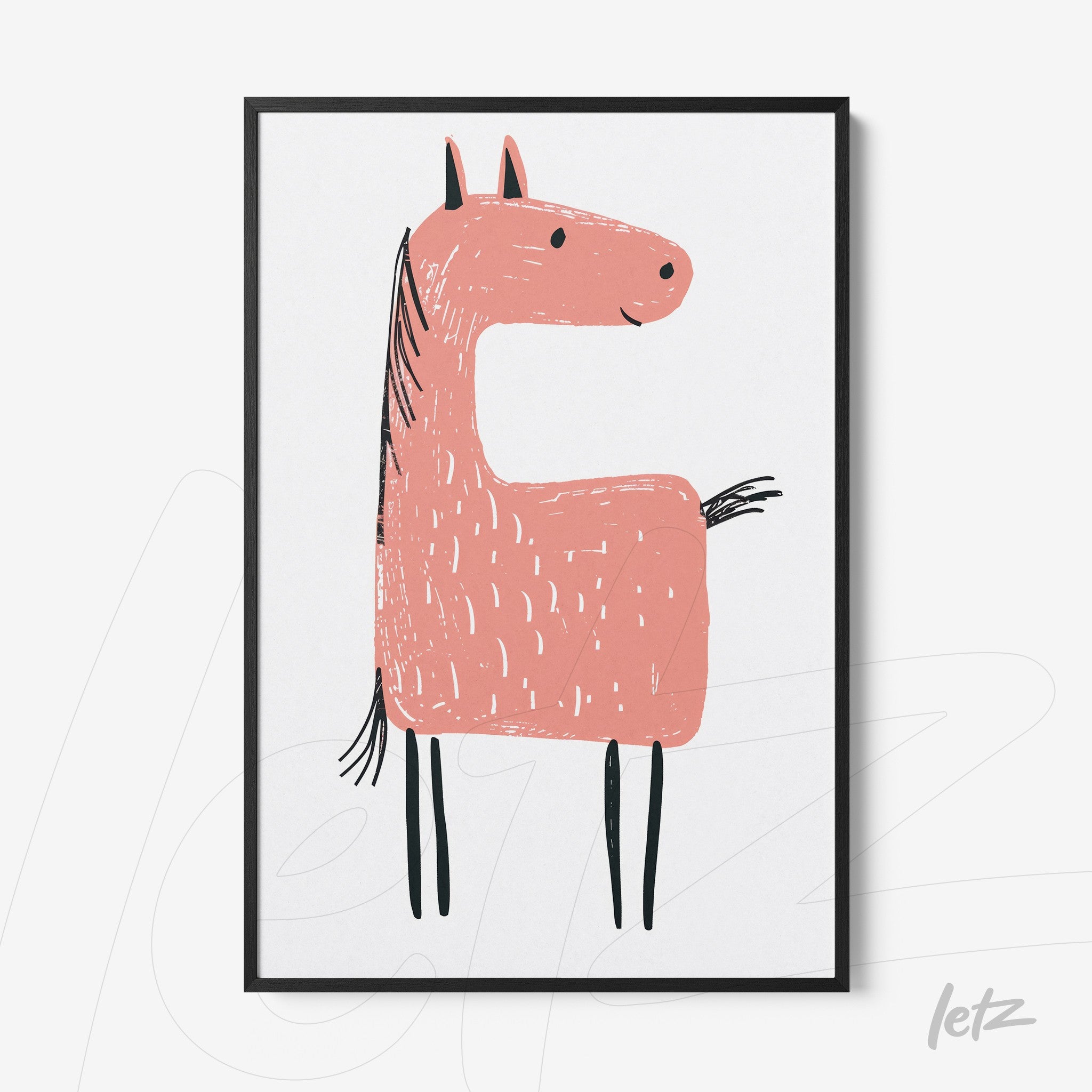 framed artwork featuring a playful pink horse illustration with simple lines and a black frame