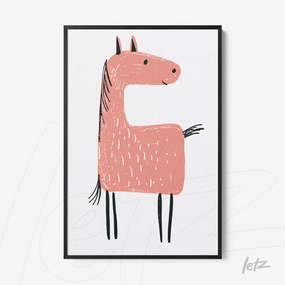 framed artwork featuring a playful pink horse illustration with simple lines and a black frame