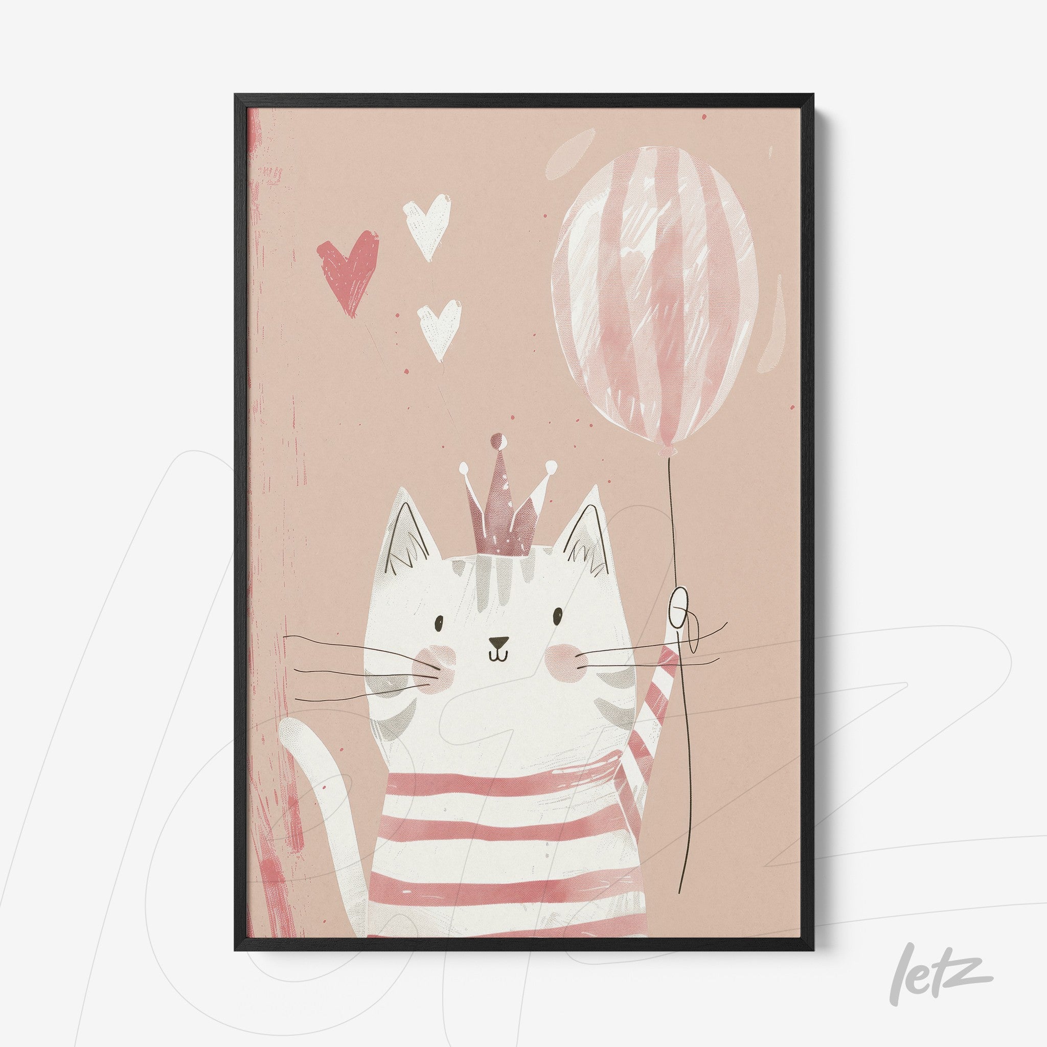 framed artwork featuring a cute cat with a crown holding a balloon on a pink background