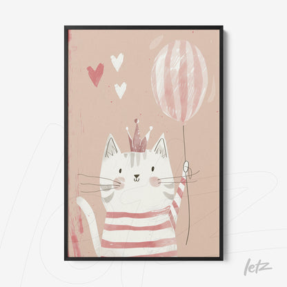 framed artwork featuring a cute cat with a crown holding a balloon on a pink background
