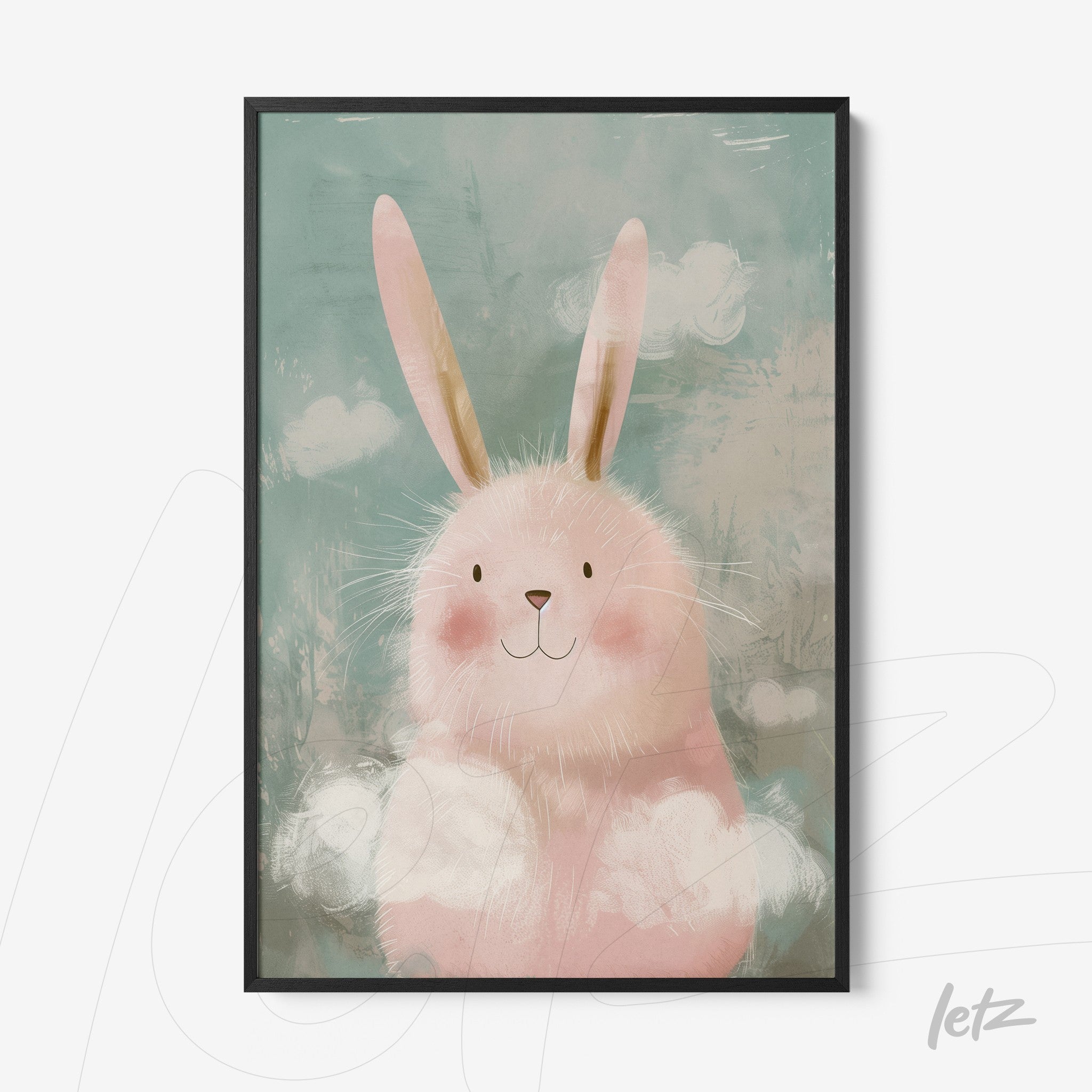 framed artwork featuring a pink bunny illustration against a light blue background with a thick black frame