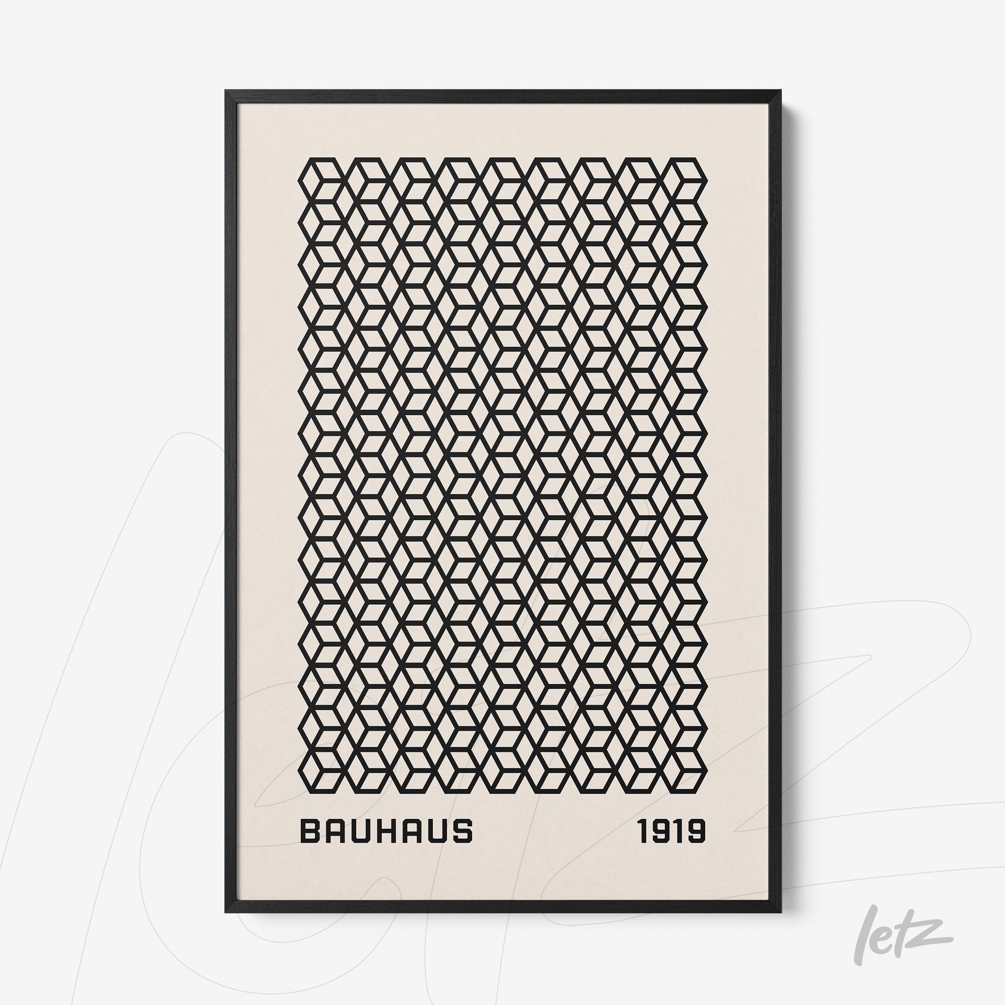 poster featuring black geometric pattern and 'bauhaus 1919' text in thin black frame