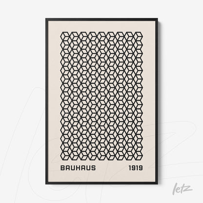 poster featuring black geometric pattern and 'bauhaus 1919' text in thin black frame