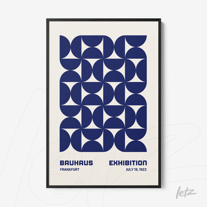 abstract poster with blue geometric shapes in thin black frame