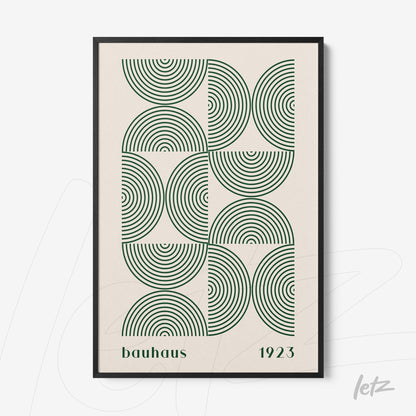 framed wall art featuring green concentric circles in Bauhaus style from 1923 with black frame