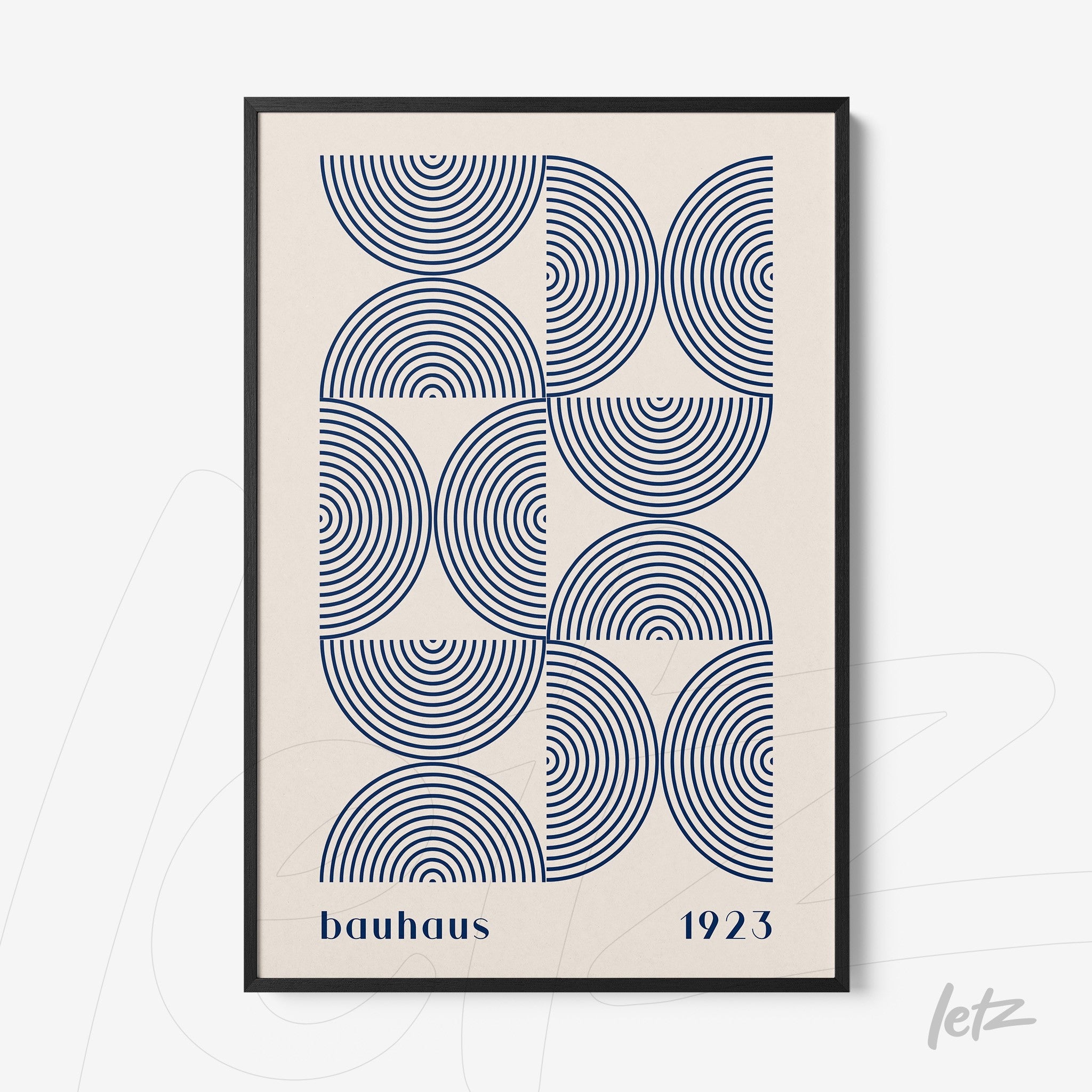 poster featuring geometric pattern of blue circles with a black frame