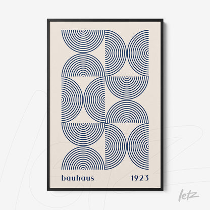 poster featuring geometric pattern of blue circles with a black frame