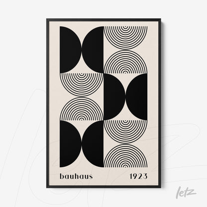 modern bauhaus style black and white art with concentric geometric lines, black frame and the year 1923