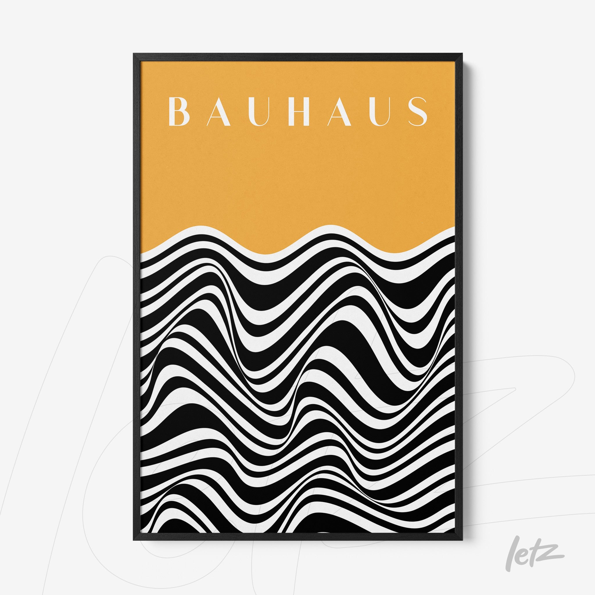 poster featuring black and white wavy geometric design on vibrant orange background with the word bauhaus, thin black frame