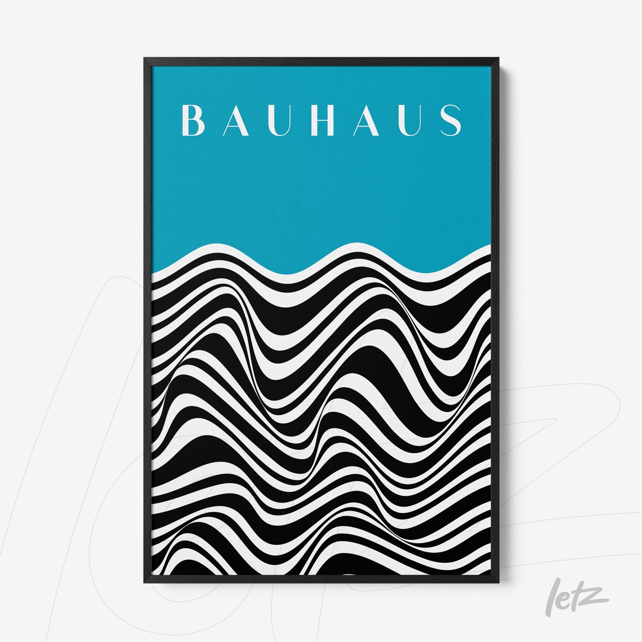 Bauhaus style poster with blue background and black and white waves in black frame