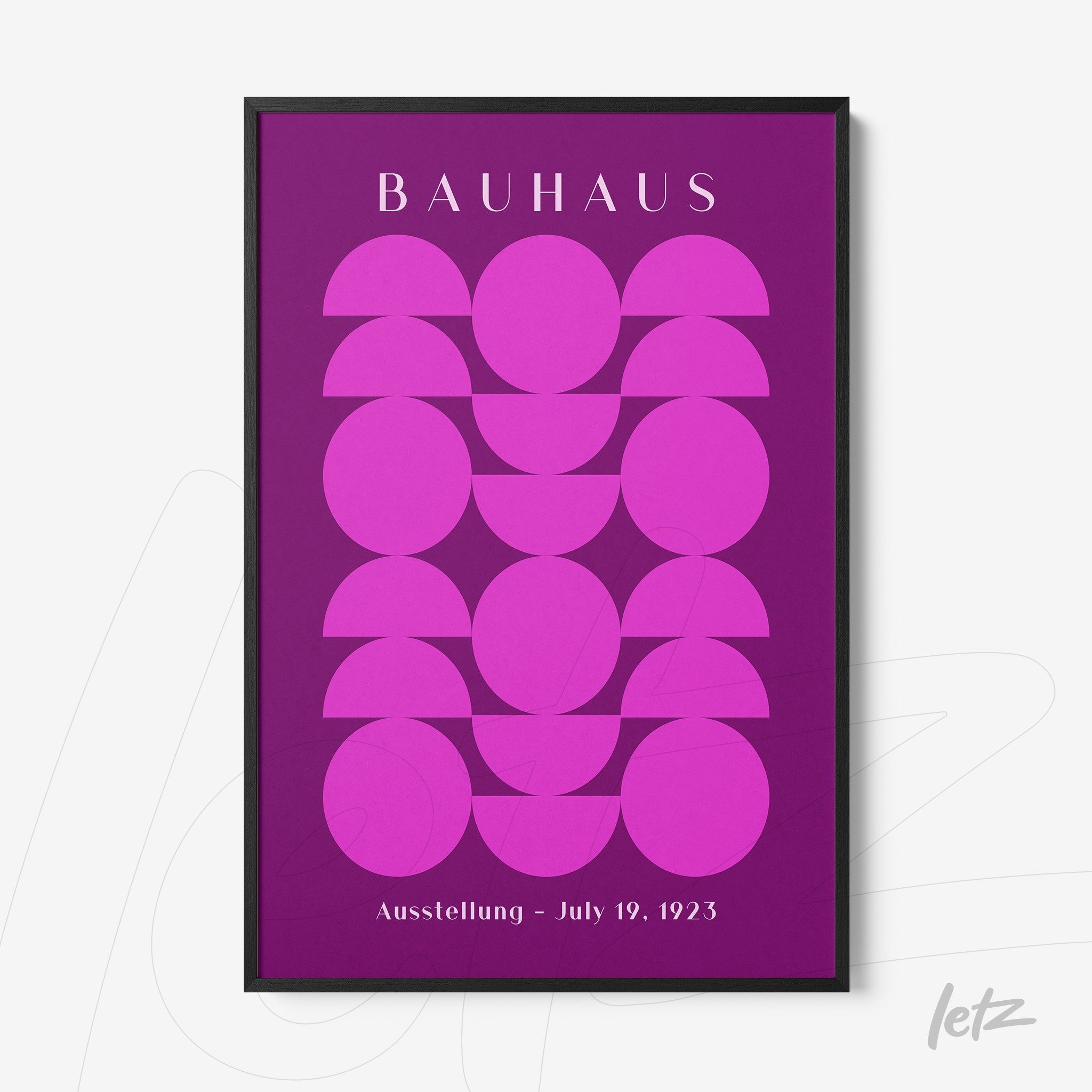 vibrant purple poster with bauhaus-inspired geometric art in black frame