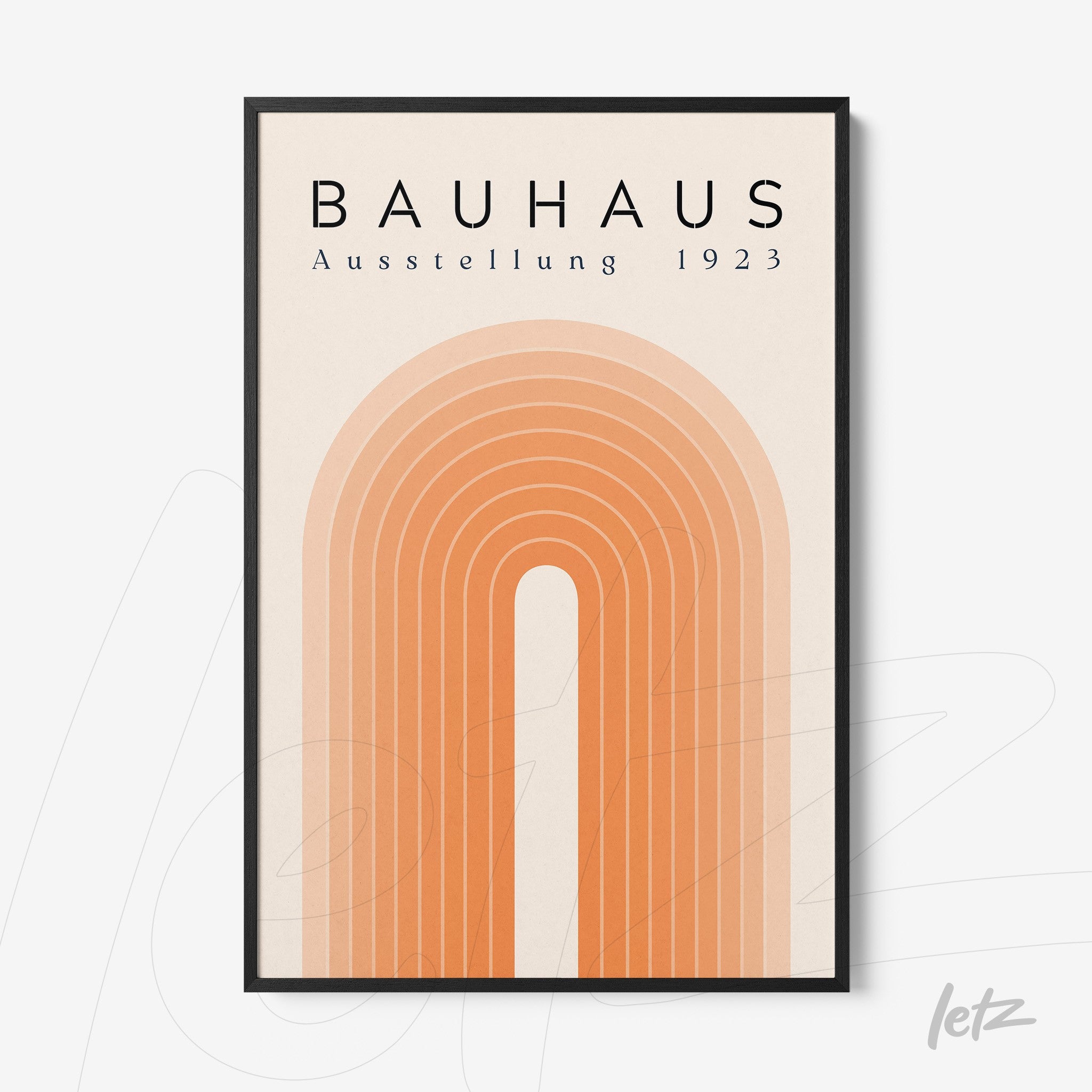 bauhaus style framed art with concentric orange arches and black frame