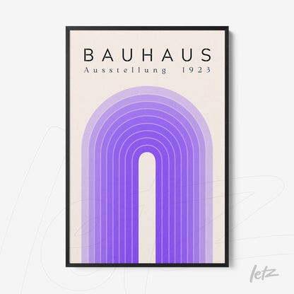 poster print with minimalist Bauhaus 1923 design featuring purple arches framed in black