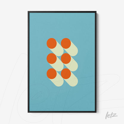 poster print of abstract art featuring orange circles on a blue background with black frame