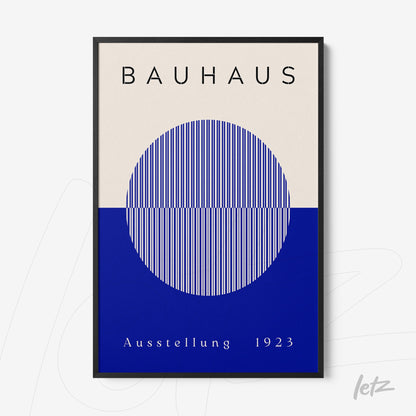 Bauhaus style framed artwork featuring a blue circle with vertical lines on a cream background, black frame