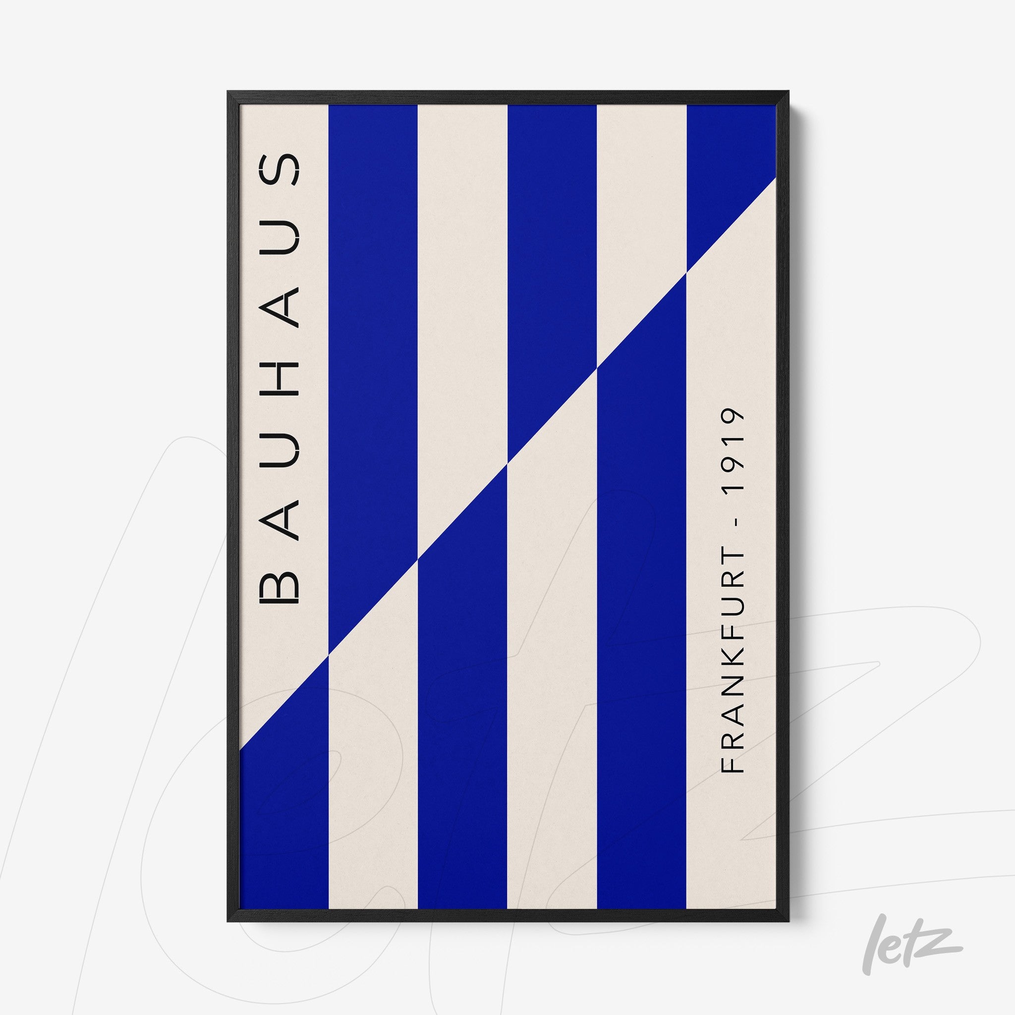 bauhaus style frame featuring vertical blue stripes and side text in a black frame