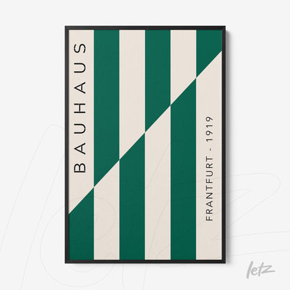 poster with geometric design inspired by Bauhaus featuring green and white stripes in black frame