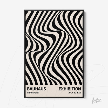 printed poster with black and white wavy geometric patterns in a thin black frame displayed against a white wall