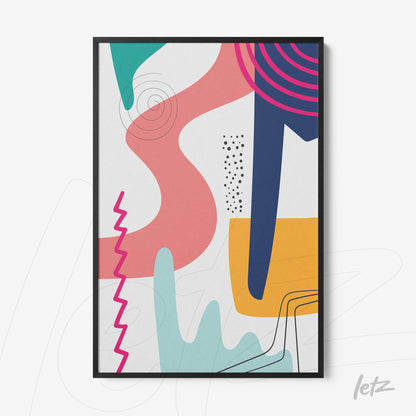 arte abstrata colorida em moldura preta com formas geométricas e linhas em tons vibrantes sobre fundo claro