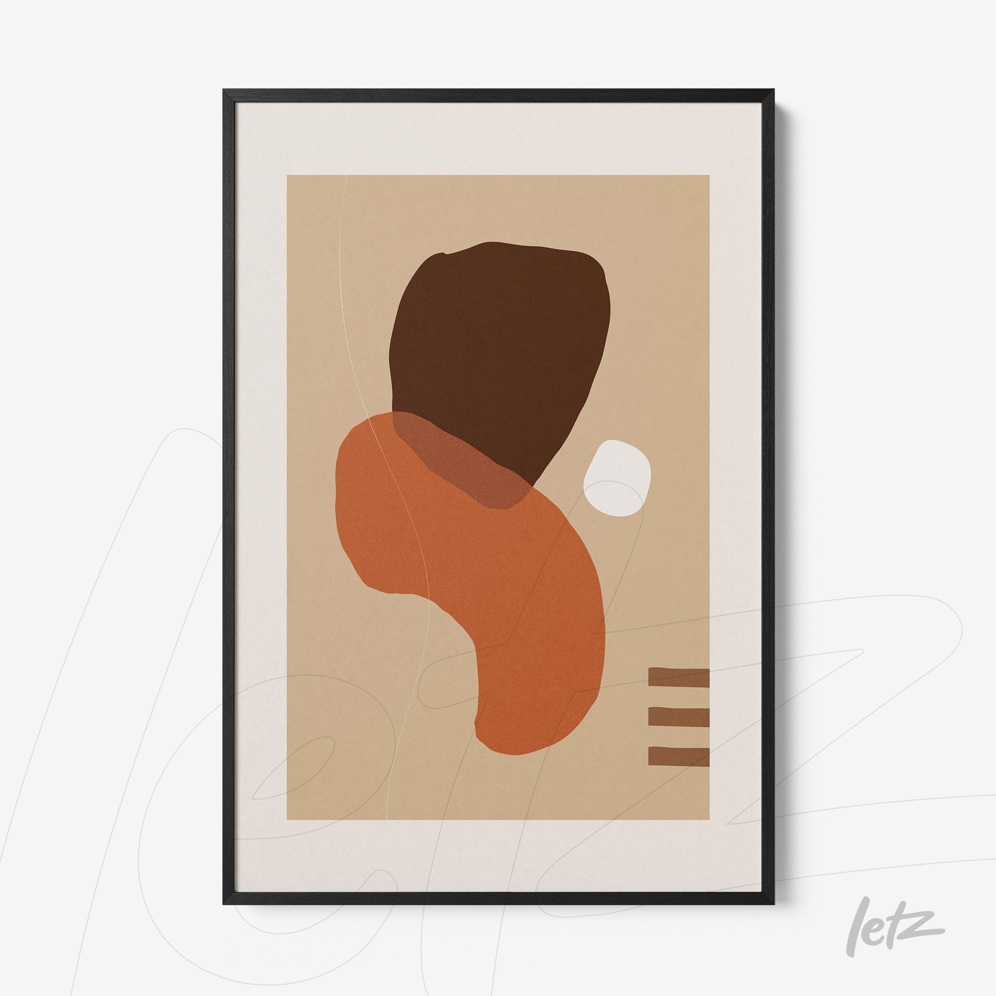 abstract wall art featuring organic shapes in earthy tones, framed with a thin black border