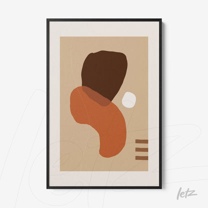abstract wall art featuring organic shapes in earthy tones, framed with a thin black border