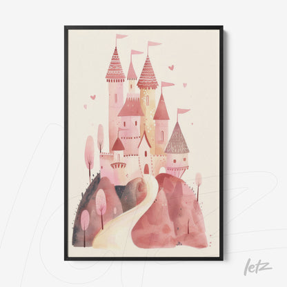 framed art depicting a whimsical pink castle with hearts and trees surrounding it