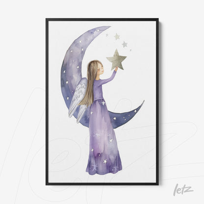 framed artwork of a girl angel in purple dress holding a star over a crescent moon on light background