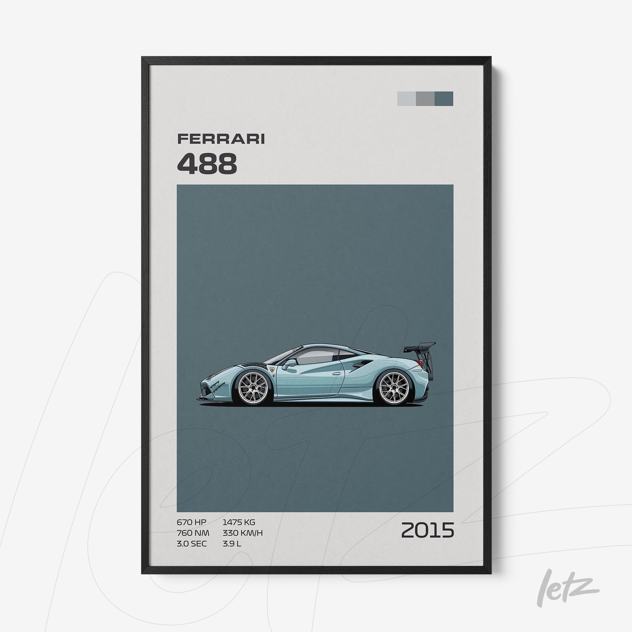 framed wall art featuring a stylized illustration of the Ferrari 488 sports car on a blue background