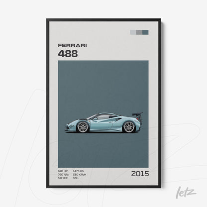 framed wall art featuring a stylized illustration of the Ferrari 488 sports car on a blue background