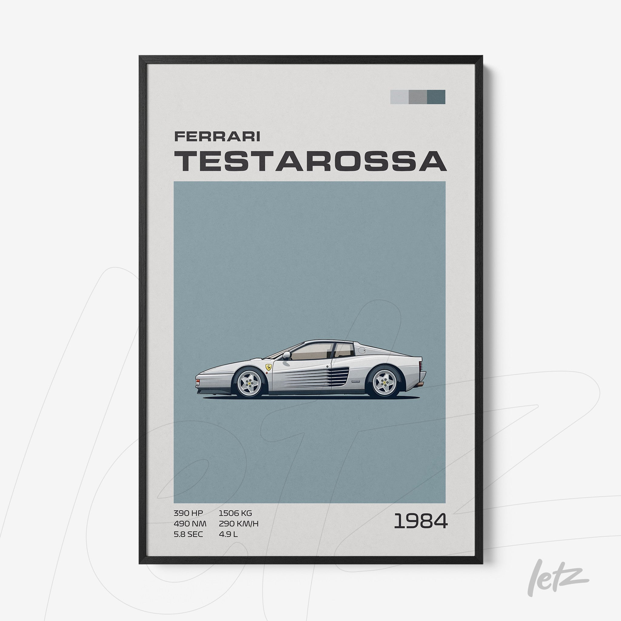 framed wall art featuring a minimalist illustration of the Ferrari Testarossa with a black frame