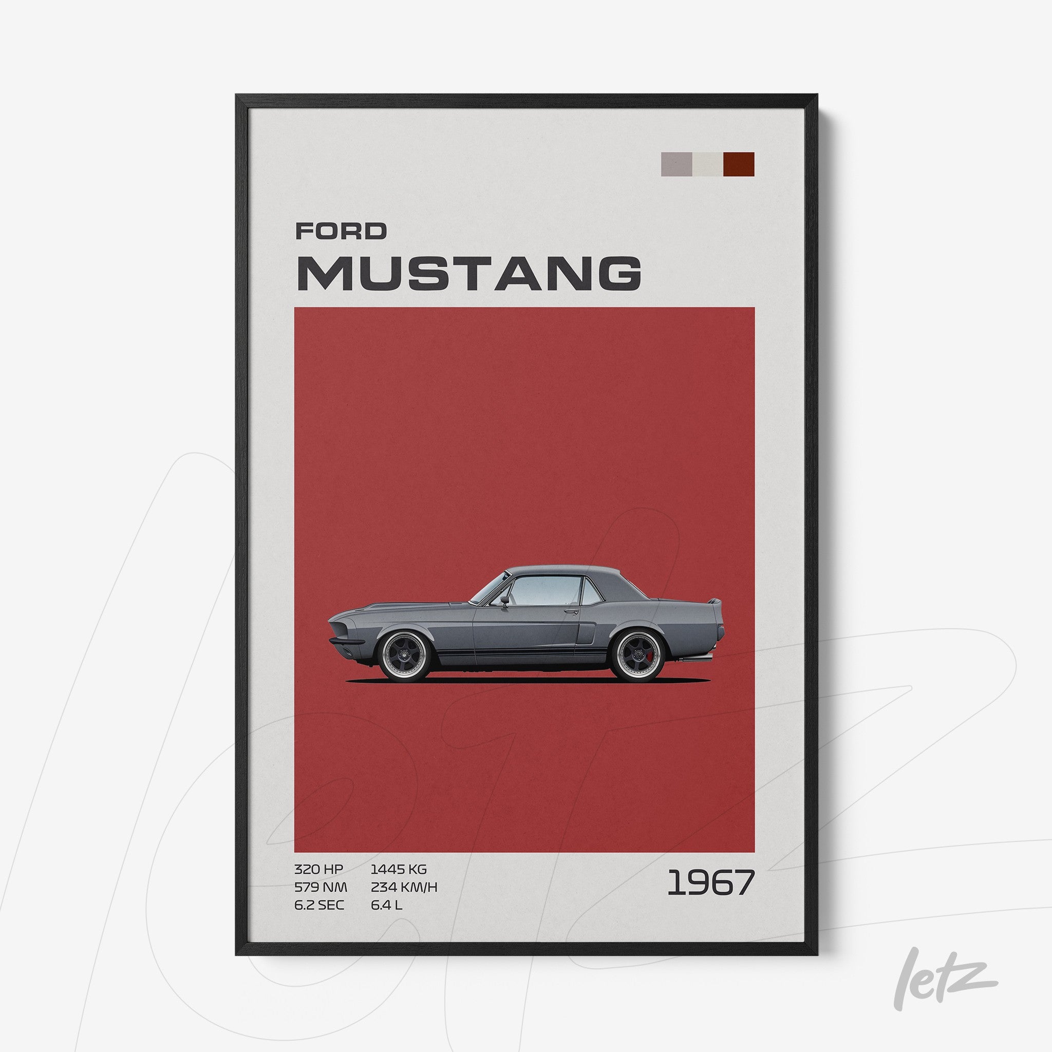 art print of 1967 Ford Mustang against red background with black frame