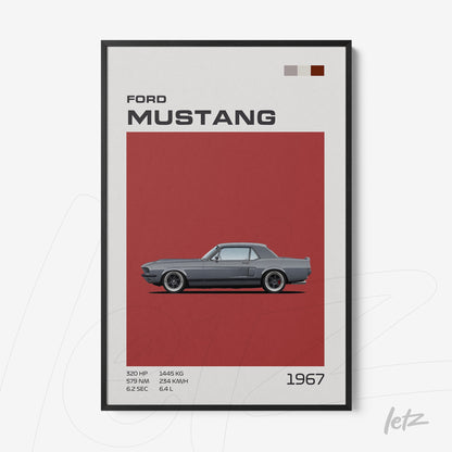 art print of 1967 Ford Mustang against red background with black frame