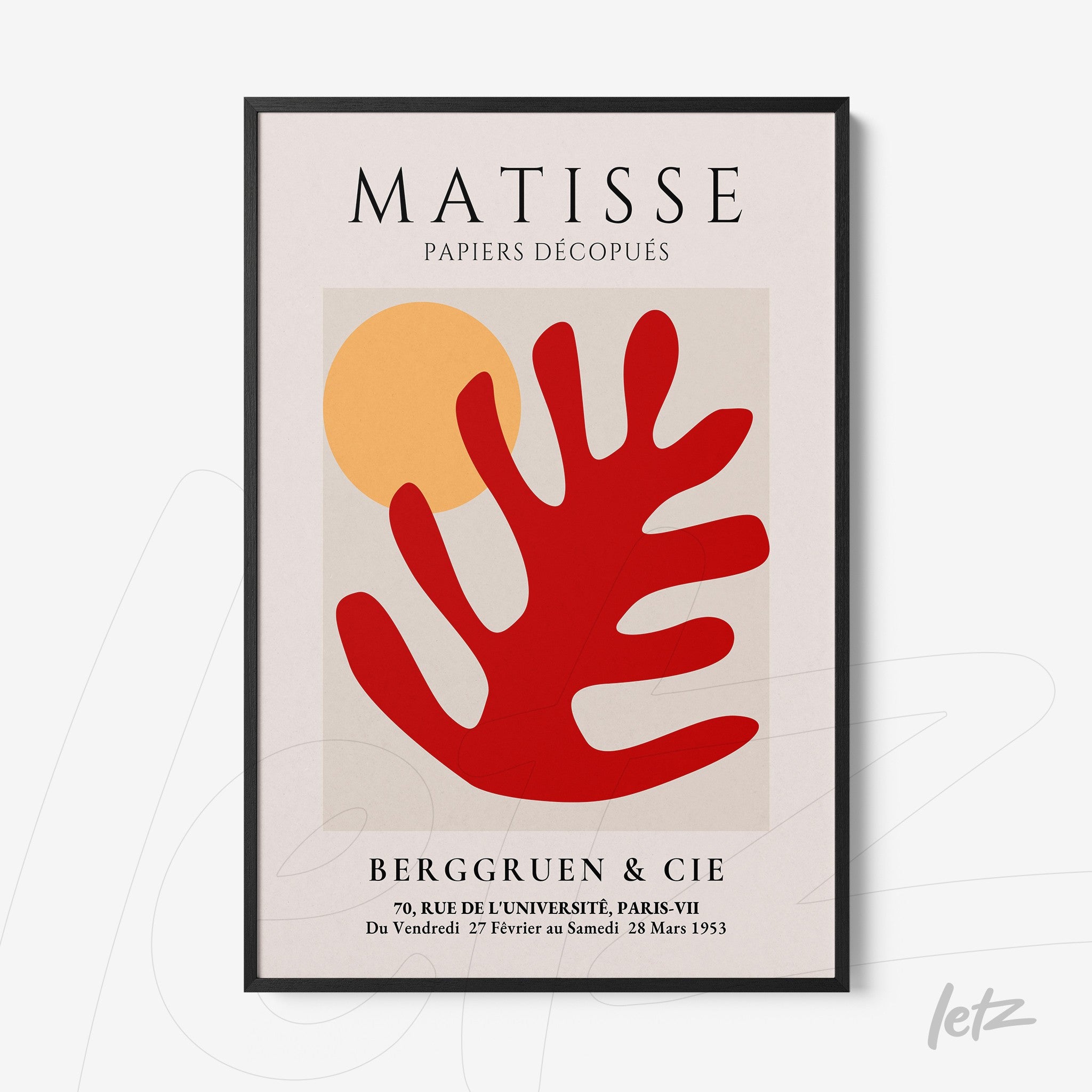 decorative wall art inspired by Matisse featuring a light background with red and yellow shapes and a black frame