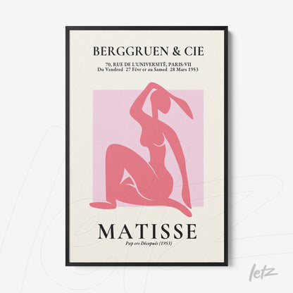 modern art framed print of a female figure in shades of pink with black frame and light background
