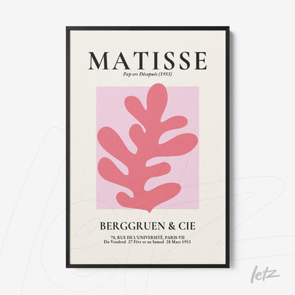 artwork inspired by Matisse featuring a pink background with a stylized leaf in vibrant pink and a black frame