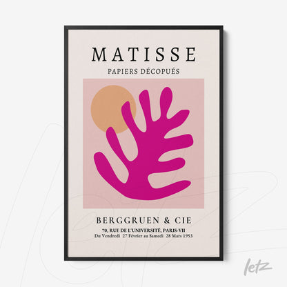 framed modern artwork with a light background featuring a large pink leaf shape, a pale circle and uppercase text at the top