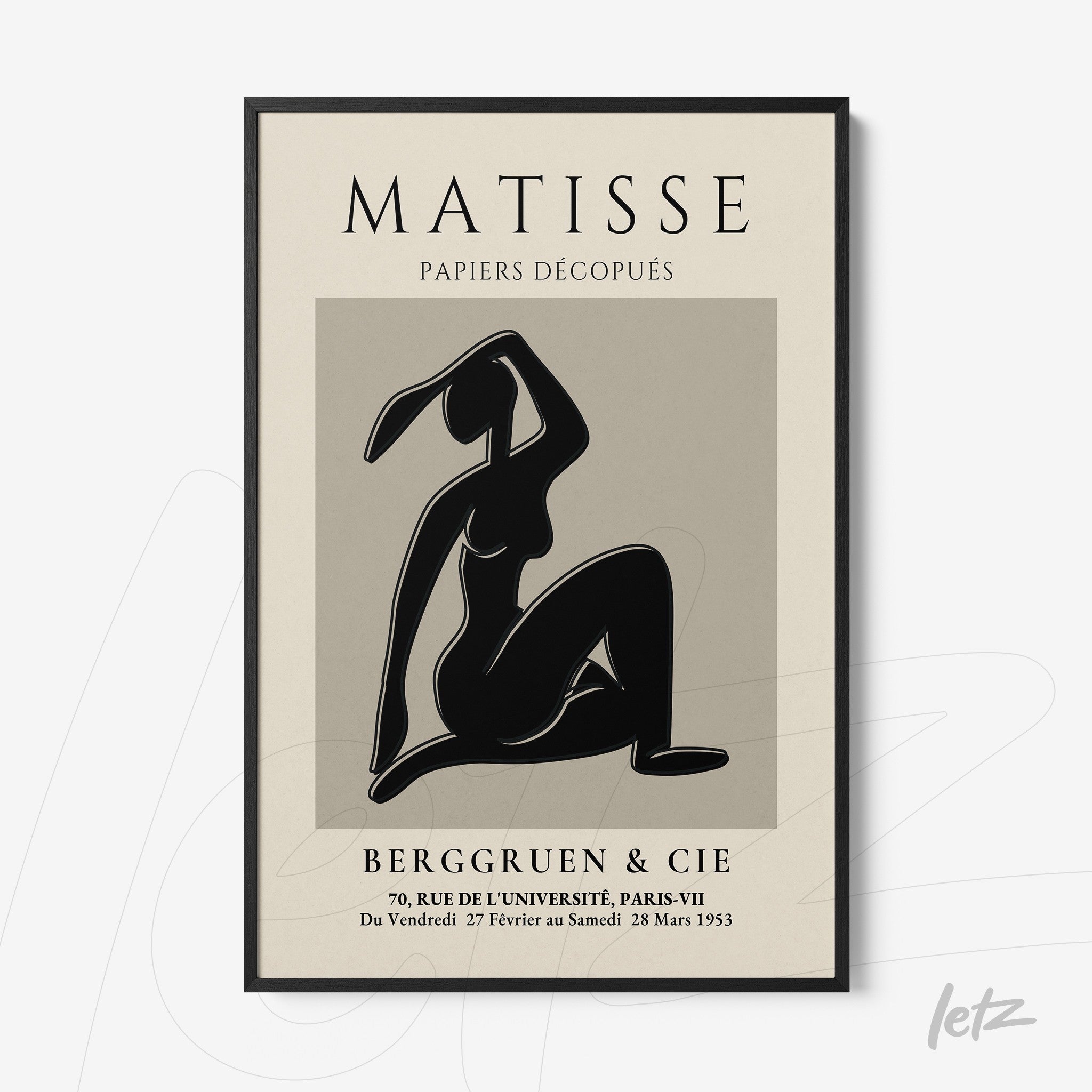 framed wall art featuring a modern style silhouette of a woman on a neutral background with a thin black frame and styled text in white