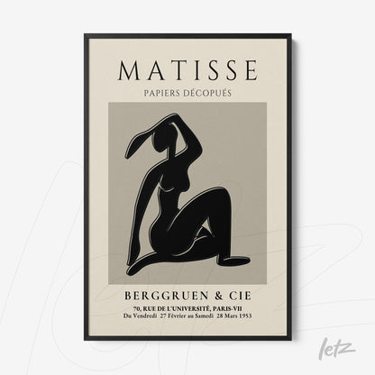 framed wall art featuring a modern style silhouette of a woman on a neutral background with a thin black frame and styled text in white